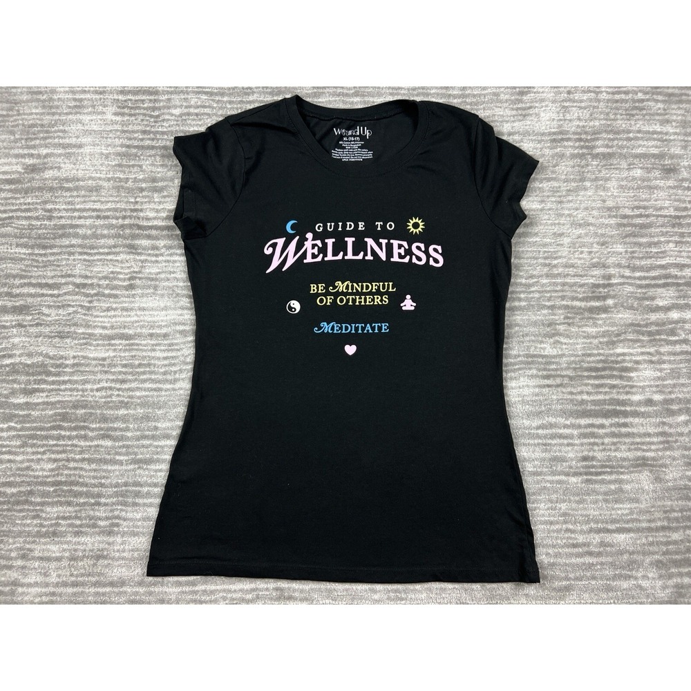 Wound Up Graphic Tee Juniors XL Black Guide to Wellness Mindfulness Yoga Shirt